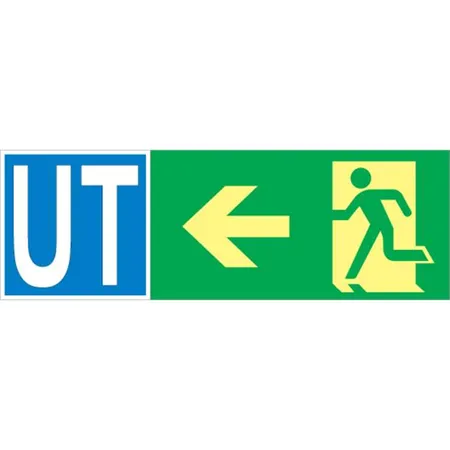 Skilt "Nødutgang/UT Pil venstre" 354 x 118 mm