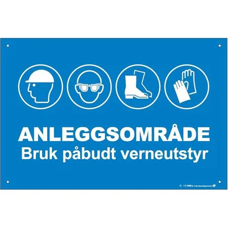 Skilt "Anleggsområde - Bruk Verneutstyr" 600 x 400 mm