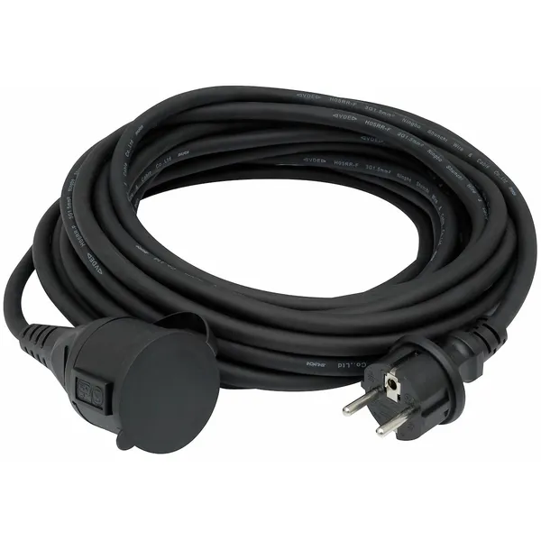 Skjøtekabel, 3G1,5mm2, H05RR-F, 1 uttak m/lokk, sort, IP44