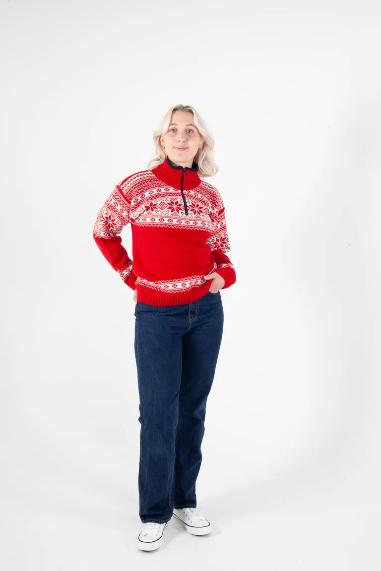 Snøstjerne Genser Rød/Hvit, m/half zip