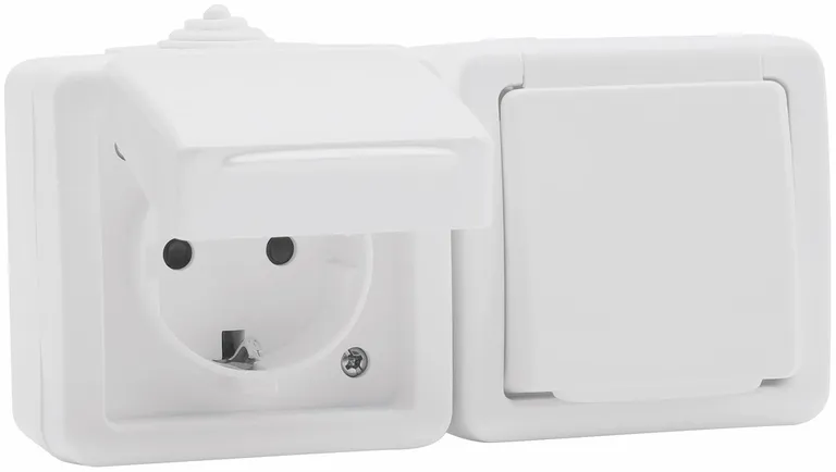 Stikkontakt utenpåliggende m/lokk, for uteinstallasjon, dobbel, hvit, IP54