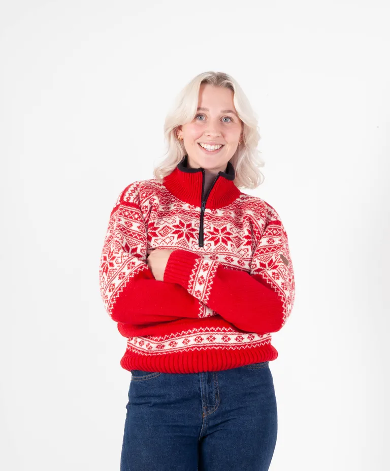 Snøstjerne Genser Rød/Hvit, m/half zip