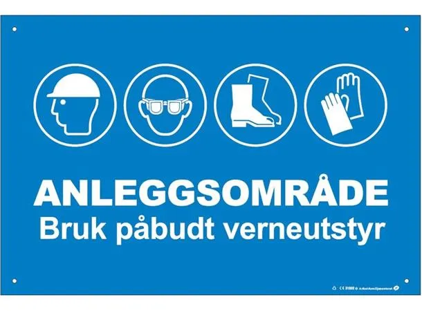Skilt "Anleggsområde - Bruk Verneutstyr" 600 x 400 mm