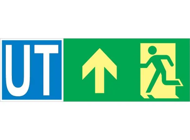 Skilt "Nødutgang/UT Pil opp" 354 x 118 mm
