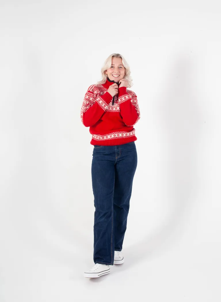 Snøstjerne Genser Rød/Hvit, m/half zip