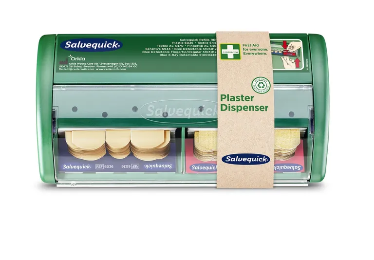 Plasterautomat 40 stk tekstilplaster og 45 stk plastplaster